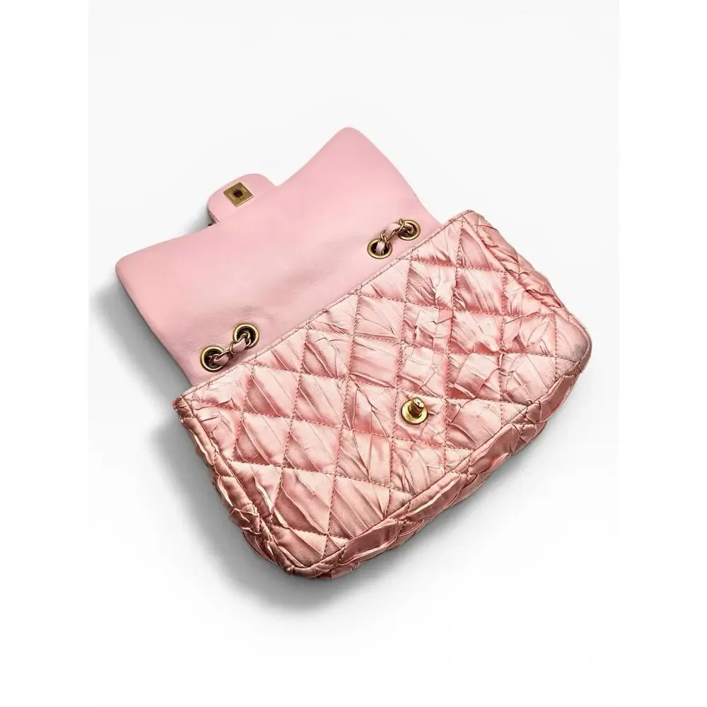 Pink Pleated Satin Quilted Medium Classic Flap Chain Shoulder Bag